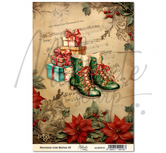 Navidad con Botas. Papel de Arroz 21 x 29,7cm - 01. Molinete Scrap.