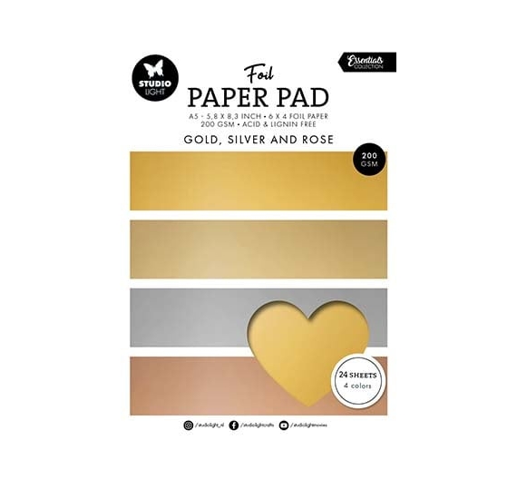 Block de cartulinas 200g Essentials Foil Paper Pad Studio light A5 (14,8 x 21cm) Oro, Plata y Rosa