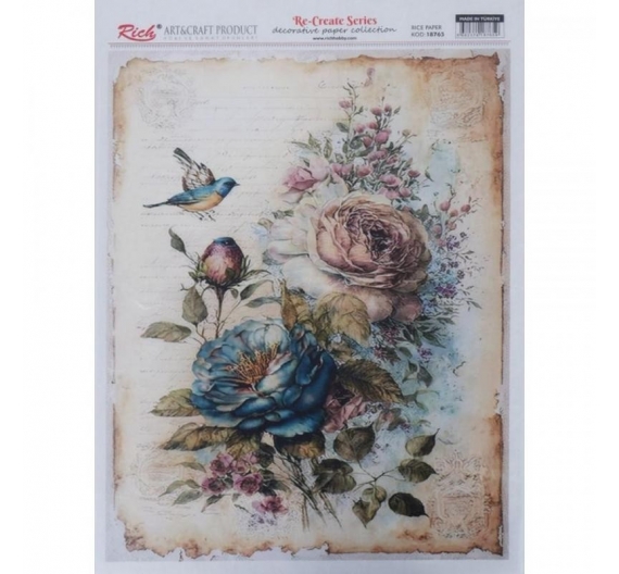 Papel de Arroz 29,7 x 42cm. - Pájaro y Rosas